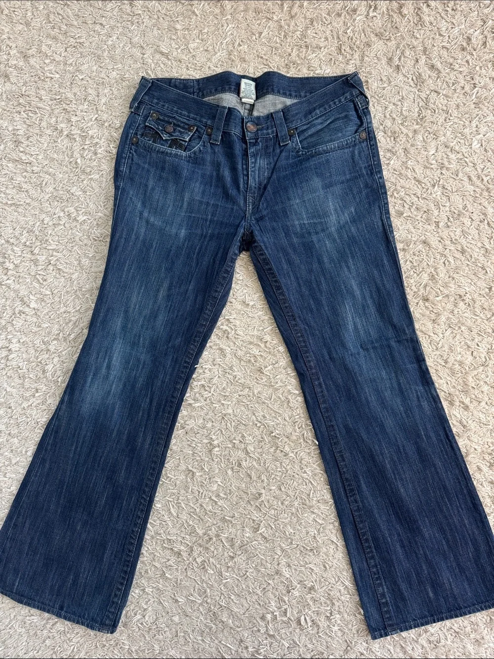 True Religion Women's Dark Blue Flare Jeans with Signature Back Pockets